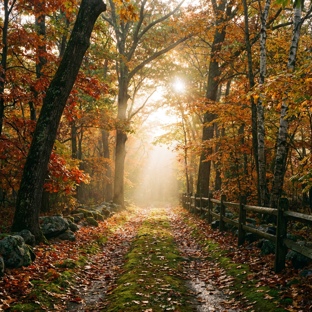 A leaf-covered forest path with sunlight streaming through colorful autumn trees.